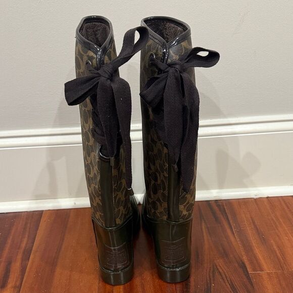 Coach Tristee Signature Lace Up Stylish Green and Dark Brown Rain Boots Size 9 - Picture 2 of 7